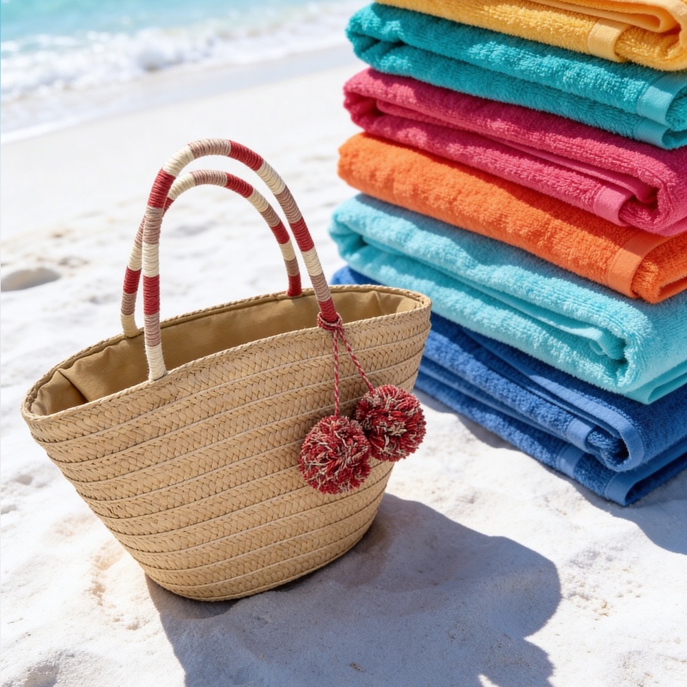 Woven Straw Beach Tote Bag Tan Pink Pom Pom Drawstring Liner Boho Summer‎ Bag